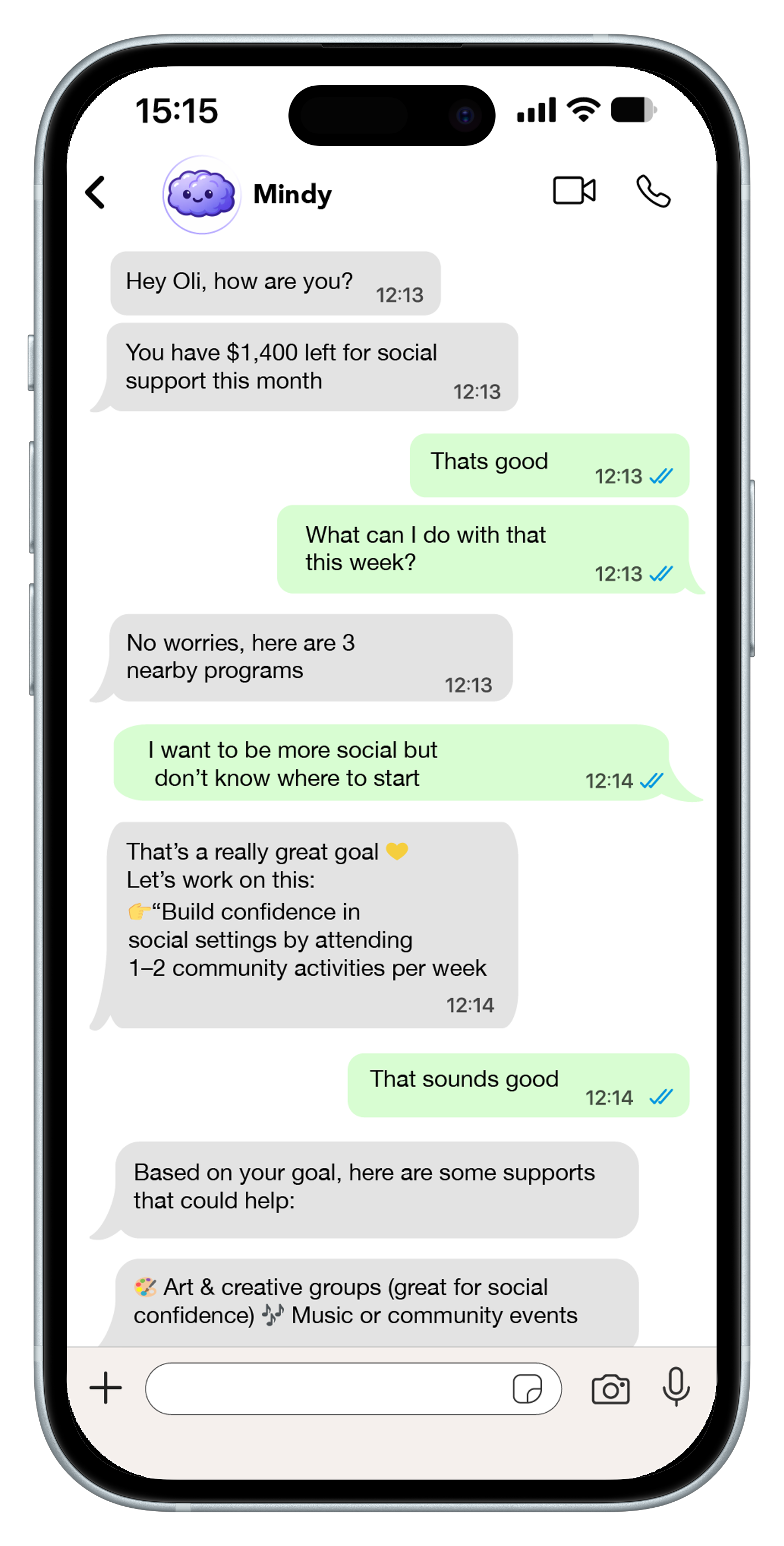 Mindy chat showing funding balance and program recommendations